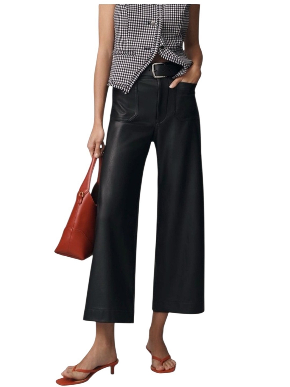 Anthropologie Maeve Colette Black Faux Leather Cropped Wide Leg Pants 28 NWT
